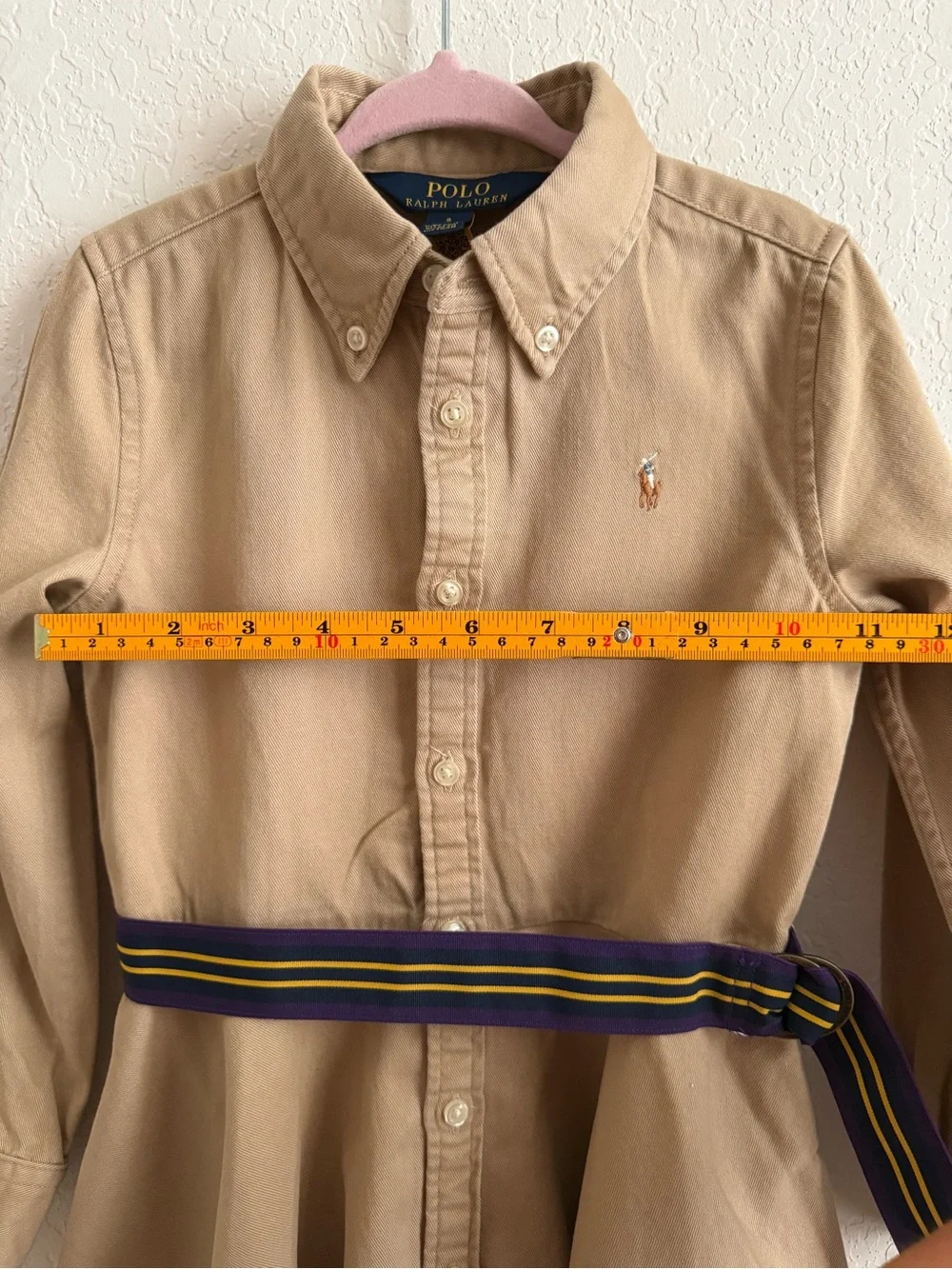 Polo by Ralph Lauren Tan Button-Front Shirtdress with Striped Waist Sash